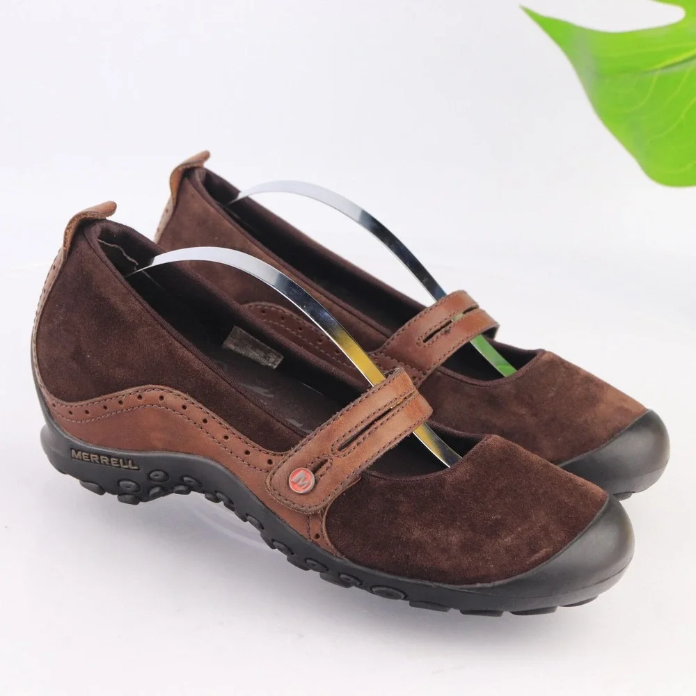 Merrell Womens Plaza Bandeau Mary Jane Shoe Size 8 Brown Suede Low Wedge Comfort